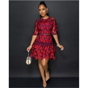 Just Me Elegant Floral Lace Dress With 3/4 Sleeves & Tiered Skirt Red Burgundy